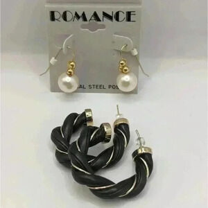 NWT Pearl earrings and unbranded black fabric wrapped hoop jewelry bundle in EUC